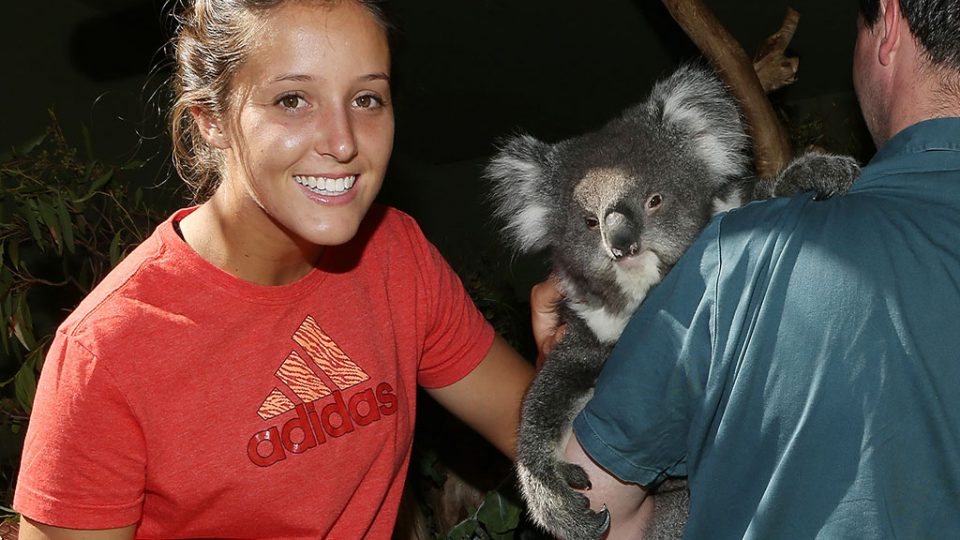 Laura Robson meets a koala at Bonorong Wildlife Sanctuary