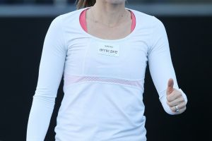 Thumbs up mate. Martina Hingis has some fun during a special exhibition match against Belinda Bencic. Picture: Getty Images