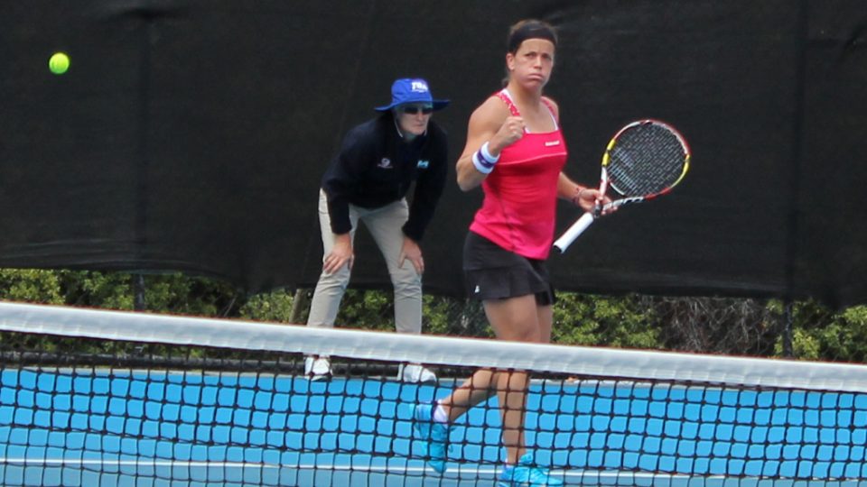Lourdes Dominguez Lino pumps her first after a hard-earned win over Anastasiya Vasylyeva. Picture: Michael Beattie