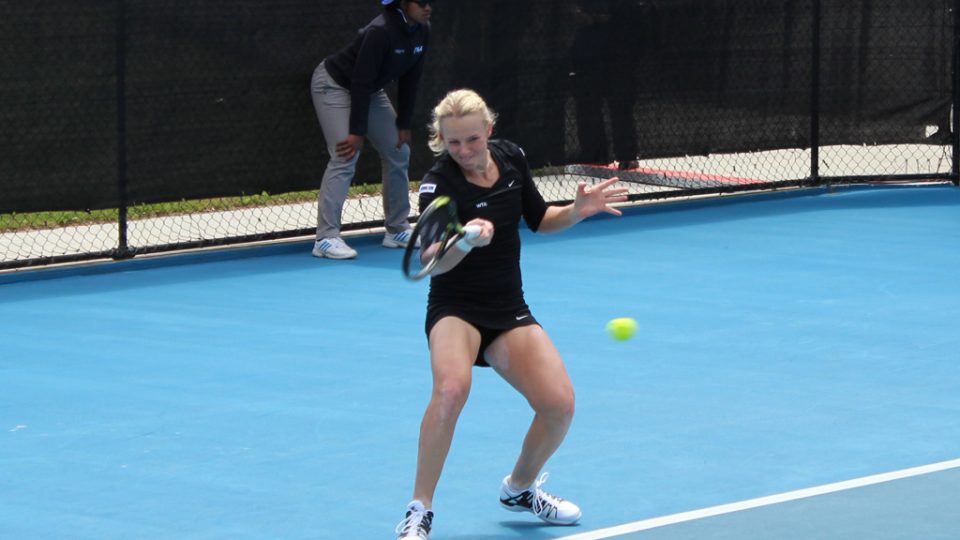 Patricia Mayr-Achleitner guides a forehand return shortly before retiring against Richel Hogenkamp. Picture: Michael Beattie