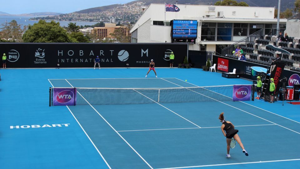 Mariana Duque-Marino serves to Silvia Soler-Espinosa on Centre Court at Domain Tennis Centre. Picture: Michael Beattie