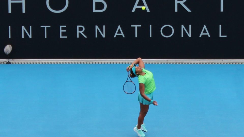 Taylor Townsend serves against Carina Witthoeft. Picture: Michael Beattie