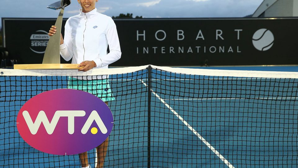 CHAMPION: Elise Mertens celebrate her Hobart International 2018 victory; Getty Images